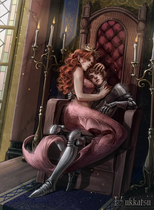 Digital art in the style of a gothic painting with a knight dressed in her armor with short brown hair sitting on a throne with a siren wearing a golden crown, long red hair, and pink scales and fins sits on her lap.