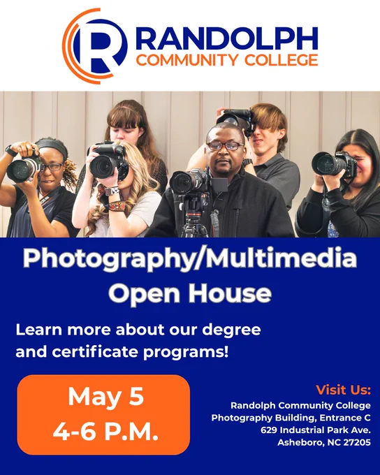 Randolph Community College promotional graphic for a Photography/Multimedia Open House. The top features the RCC logo. Below is a photo of a diverse group of students holding cameras and taking photos, guided by an instructor. Text reads: “Photography/Multimedia Open House – Learn more about our degree and certificate programs!” Event details include: May 5 from 4–6 P.M. Location: Randolph Community College Photography Building, Entrance C, 629 Industrial Park Avenue, Asheboro, NC 27205.