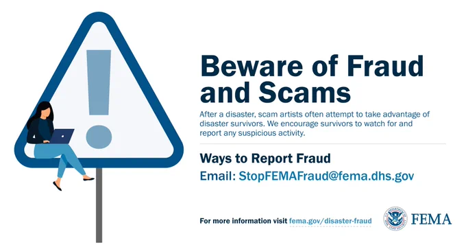 FEMA personnel always carry official identification
FEMA will never ask for money in exchange for assistance

If you believe you’ve been targeted or victimized:
📞 Contact your local law enforcement
📧 Report it to: StopFEMAfraud@fema.dhs.gov

Please share this information to help prevent others from being affected.