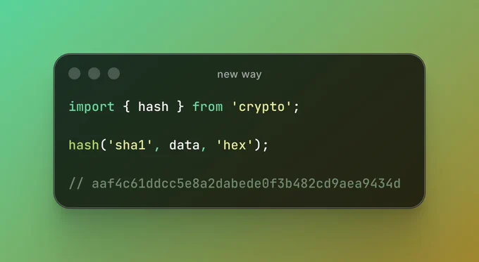 import { hash } from 'crypto';

hash('sha1', data, 'hex');

// aaf4c61ddcc5e8a2dabede0f3b482cd9aea9434d