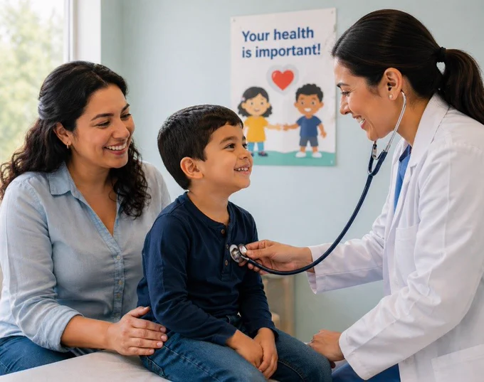A pediatrician uses a stethoscope to examine a smiling young boy sitting on an exam table while his mother sits beside him, smiling and resting a hand on his back. A poster in the background reads, “Your health is important!”