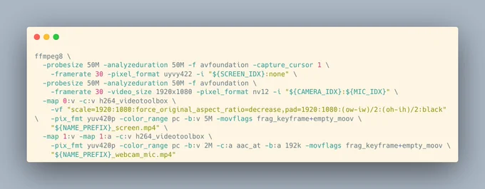 ffmpeg8 \
  -probesize 50M -analyzeduration 50M -f avfoundation -capture_cursor 1 -framerate 30 -pixel_format uyvy422 -i "${SCREEN_IDX}:none" \
  -probesize 50M -analyzeduration 50M -f avfoundation -framerate 30 -video_size 1920x1080 -pixel_format nv12 -i "${CAMERA_IDX}:${MIC_IDX}" \
  -map 0:v -c:v h264_videotoolbox \
    -vf "scale=1920:1080:force_original_aspect_ratio=decrease,pad=1920:1080:(ow-iw)/2:(oh-ih)/2:black" \
    -pix_fmt yuv420p -color_range pc -b:v 5M -movflags frag_keyframe empty_moov \
    "${NAME_PREFIX}_screen.mp4" \
  -map 1:v -map 1:a -c:v h264_videotoolbox \
    -pix_fmt yuv420p -color_range pc -b:v 2M -c:a aac_at -b:a 192k -movflags frag_keyframe empty_moov \
    "${NAME_PREFIX}_webcam_mic.mp4"