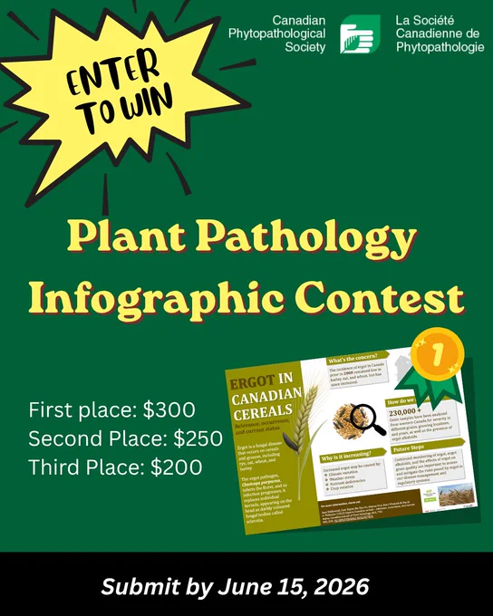 Plant Pathology Infographic Contest. Submit by June 15, 2026. $300 first place prize, $250 second place prize, and $200 third place prize.