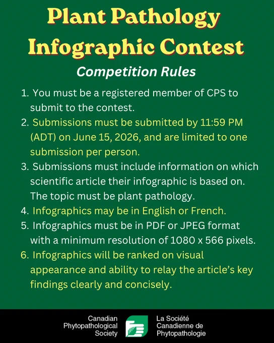 Rules: 	•	You must be a registered member of CPS to submit to the contest.
	•	Submissions must be submitted by 11:59 PM (ADT) on June 15, 2026, and are limited to one submission per person.
	•	Submissions must include information on which scientific article their infographic is based on. The topic must be plant pathology.
	•	Infographics may be in English or French.
	•	Infographics must be in PDF or JPEG format with a minimum resolution of 1080 x 566 pixels.
	•	Infographics will be ranked on visual appearance and ability to relay the article’s key findings clearly and concisely.