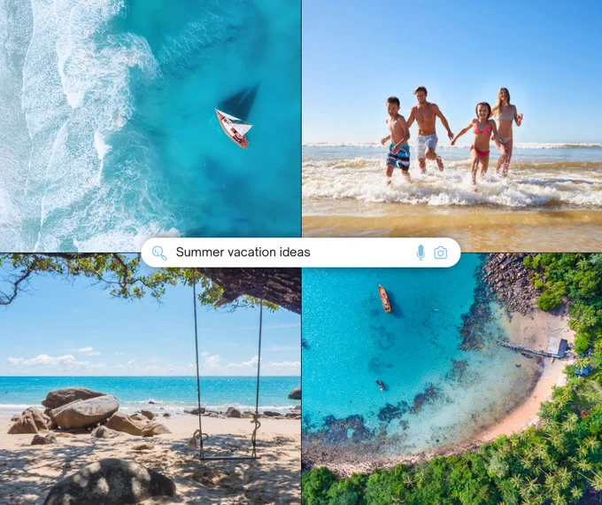 Four photos of beach type vacations set up in a cube with a search bar in the middle. The search bar has, "summer vacation ideas" typed out.