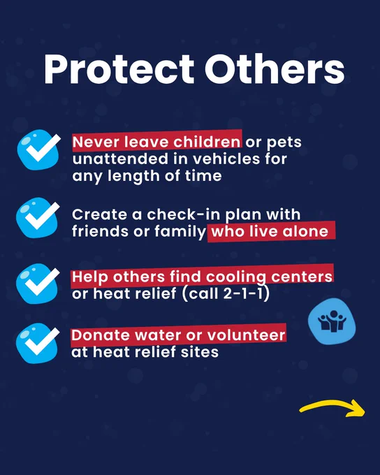 Protect Others. Never leave children or pets in vehicles, check on people who live alone, help others find cooling centers by calling 2-1-1, and donate water or volunteer.