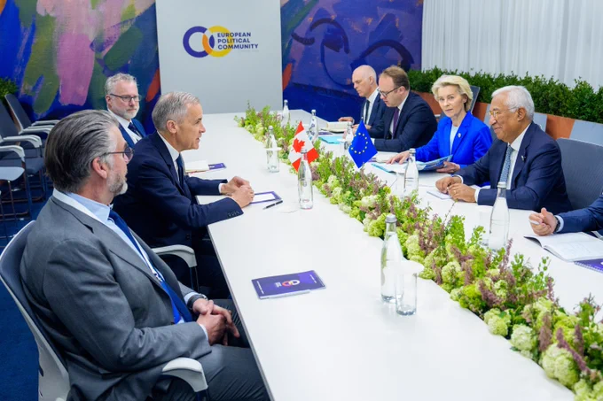 Prime Minister Mark Carney is seated in discussion with the President of the European Council, António Costa, and the President of the European Commission, Ursula von der Leyen, at the European Political Community Summit in Yerevan, Armenia. 