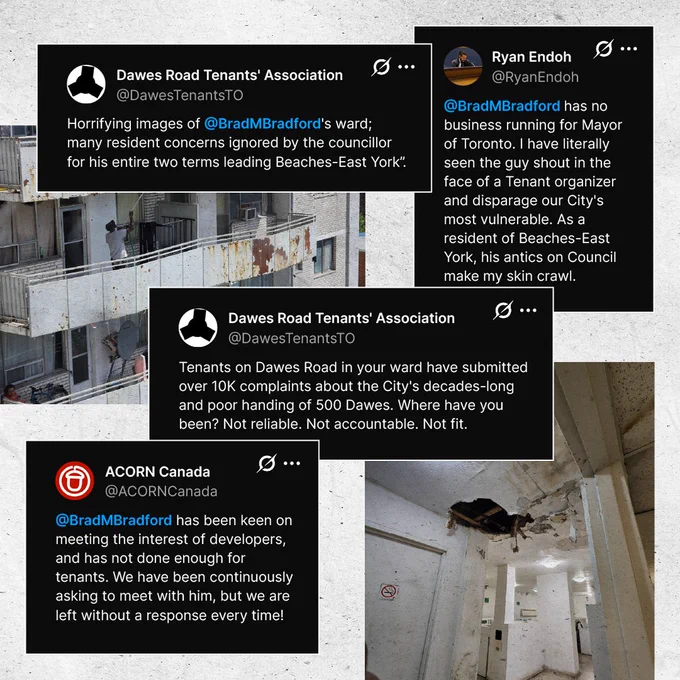 Compilation of tweets, headlines, excerpts about 500 Dawes and Bradford's neglect.