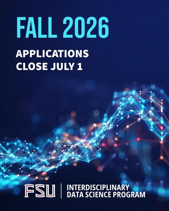 Fall 2026 FSU Program in Data Science application reminder graphic.
