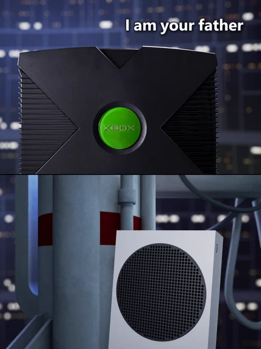 A two-panel image referencing Star Wars. The top panel shows a close-up of the original black Xbox console with the text "I am your father." The bottom panel shows a white Xbox Series S, recreating the famous scene between Darth Vader and Luke Skywalker.