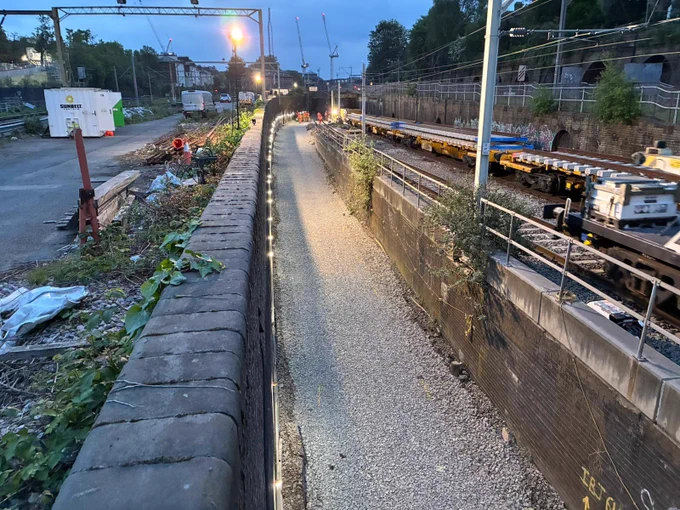 A shot of the new track bed at Primrose Hill formed of rail ballast (stone) ready for sleepers and track to be installed - the photo demonstrates the lower level of the railway in this busy section of the West Coast Main Line near Euston station