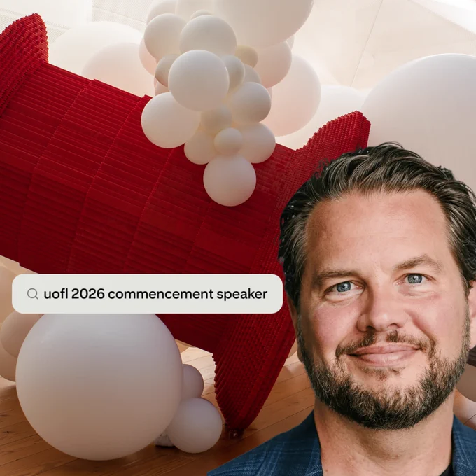 Headshot of Pinterest CEO Bill Ready in front of a red pin structure with a search bar screenshot over it that reads "uofl 2026 commencement speaker"