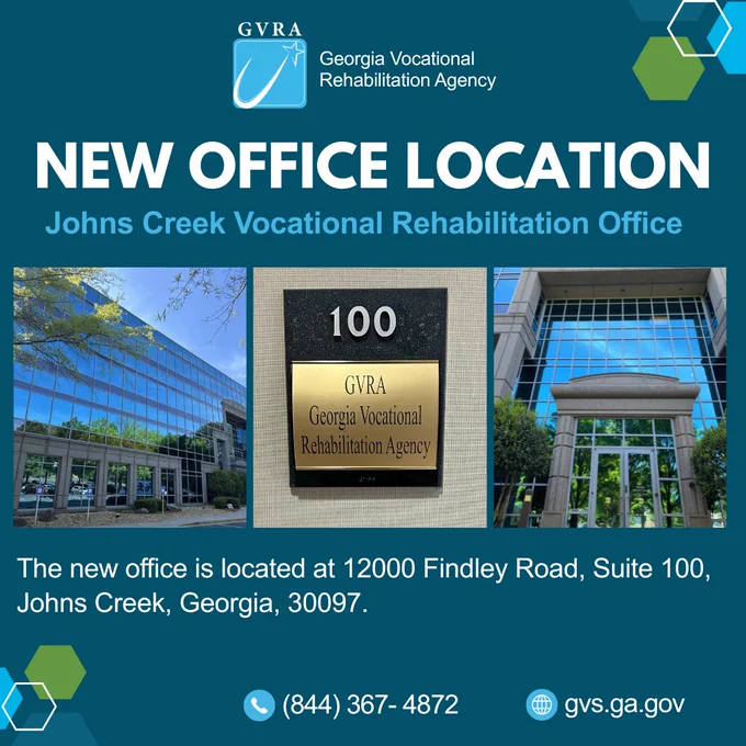 Blue-and-white graphic featuring a collage of a modern glass office building and a close-up of signage reading “100 GVRA.