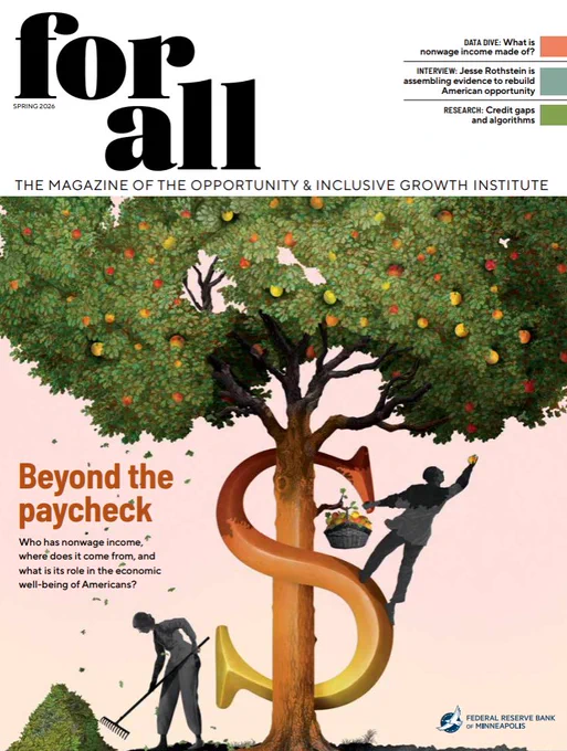 Cover of "For All" magazine, Spring 2026 edition. It features a large tree growing out of a gold dollar sign. Two individuals are harvesting money from the tree using ladders. The headline reads "Beyond the Paycheck," with smaller text discussing income sources and economic well-being. The Federal Reserve Bank of Minneapolis logo appears at the bottom.