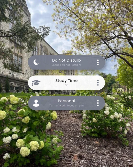 A scenic view of a lush garden with blooming white flowers and a stone building in the background under a cloudy sky. Overlaid on the image are three control options: "Do Not Disturb," "Study Time On," and "Personal.