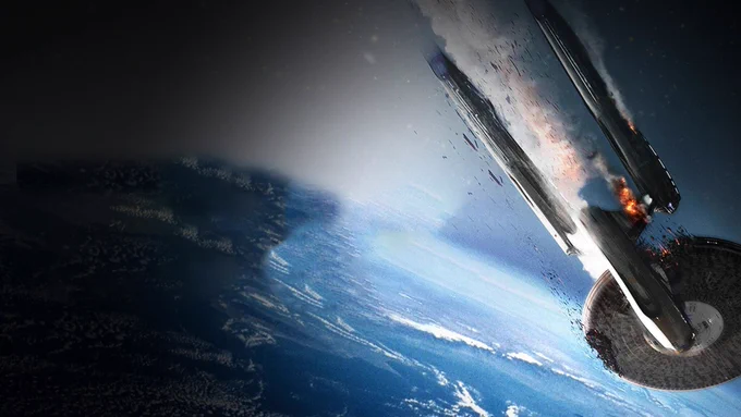 the-uss-enterprise-with-a-nacelle-on-fire-with-hull-damage-crashing-into-planet-earth-from-star-trek-into-darkness