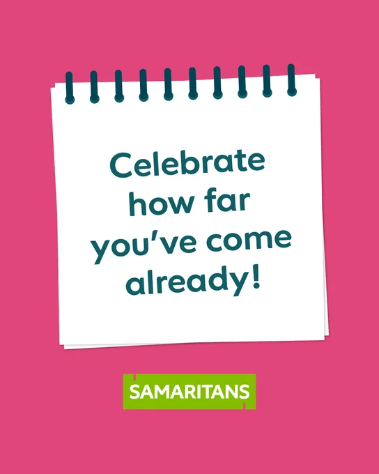 A page in a notebook reading “Celebrate how far you’ve come already!”.

