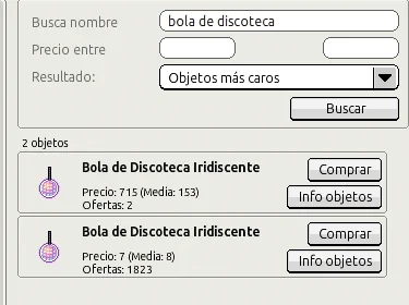 Muestra de las 2 Bolas de Discoteca Iridiscentes en el mercadillo: la de arriba con 2 ofertas a 715c es la no crackeable y descatalogada, mientras que la de abajo a 7c con 1823 ofertas es la crackeable que aún está en el catálogo