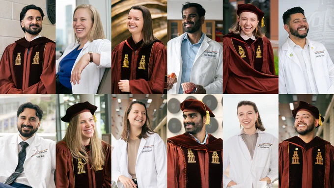 This image shows a collage of six individuals dressed in academic regalia and lab coats, featuring professional attire and a setting that suggests an academic or medical institution. 