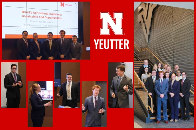 This image is a collage, which features midbody photoshots of Bryson Rader, Allison Walbrecht, Logan Walsh, Lachlan Ritchie, and Justin Barbee speaking. The top left has all five of them standing in front of a power point slide. On the right, covering one-third of the photo, is a group photo of these five with various Valmont Executives.