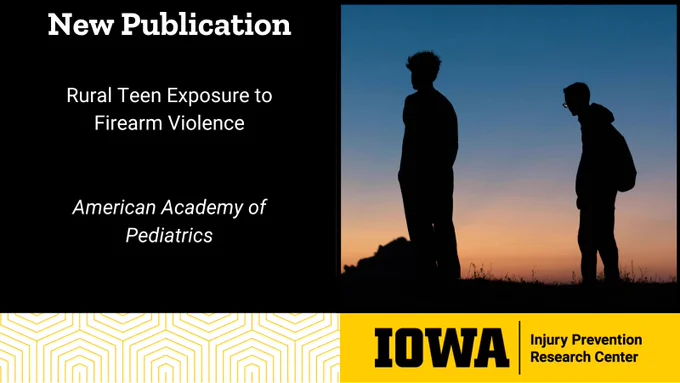New publication: Rural Teen Exposure to Firearm violence
Silhouettes of two teenage boys at dusk
Logo of the University of Iowa Injury Prevention Research Center
