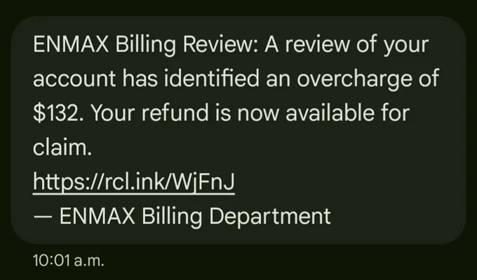 A screenshot of the scam text which says you were overcharged $132 and says your refund is available to claim.