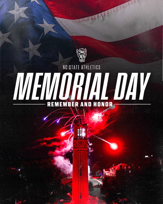 Memorial Day graphic that is centered around the NC State University Belltower with fireworks and an American flag around it. 
