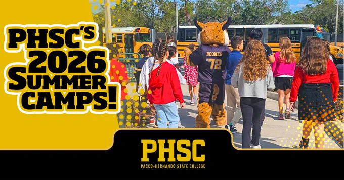 Young students with PHSC's mascot Boomer the Bobcat. Text states "PHSC's 2026 Summer Camps"
