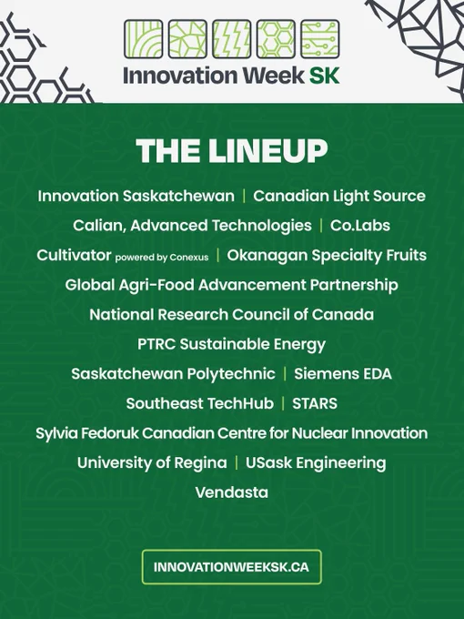 Green promotional graphic for Innovation Week SK with a bold heading “The Lineup.” Below, a list of participating organizations includes Innovation Saskatchewan, Canadian Light Source, Calian, Advanced Technologies, Co.Labs, Cultivator powered by Conexus, Okanagan Specialty Fruits, Global Agri-Food Advancement Partnership, National Research Council of Canada, PTRC Sustainable Energy, Saskatchewan Polytechnic, Siemens EDA, Southeast TechHub, STARS, Sylvia Fedoruk Canadian Centre for Nuclear Innovation, University of Regina, USask Engineering and Vendasta. At the top are small green icon illustrations and the title “Innovation Week SK,” and at the bottom is the website “innovationweeksk.ca.”