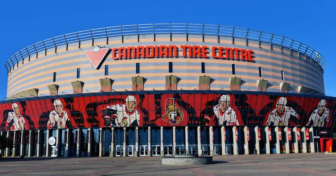 Exterior view of the Canadian Tire Centre, featuring large images of Ottawa Senators hockey players on the façade.