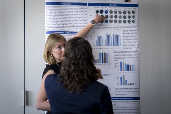 Two individuals are discussing a scientific poster presentation with charts and graphs. One is pointing to a section of circular diagrams. The poster includes sections titled "Introduction," "Objectives and Hypotheses," "Results," "Conclusions," and "Next Steps and References.