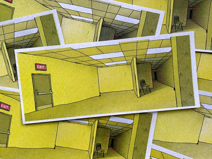 Picture of a riso print layed on top of others. The illustration on the print is one of the "backrooms," a liminal space made up of endless hallways and rooms. The room we see here is covered in faded yellow wallpaper with a dirty carpet to match. There are fluorescent lights lining the tiled ceiling. On the left, a wall that takes up most of the image has a metal door with an exit sign above. A short wall separates about half of the room in the center from our point of view, hiding a school chair behind it. This right half of the room has the lights on the ceiling burned out/turned off, bathing it in shadow. This half also shows a hallway presumably leading to more halls/rooms. We can barely make out a doorway leading to a dark room at the end of the hallway. There is a red square circling around this room.

look closer.

There is a wall perpendicular and quite close to us that takes up a tiny bit of the right side of our view, as if we're looking around the corner into this area. 