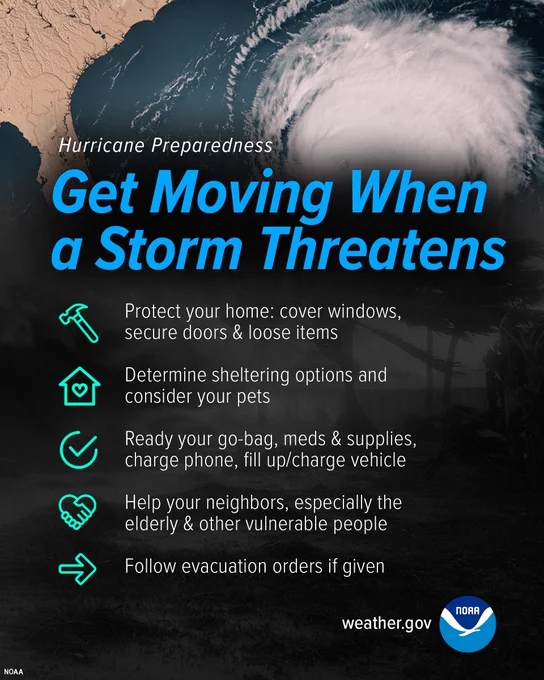 Hurricane Preparedness - Get Moving When a Storm Threatens. Protect your home: cover windows, secure doors and loose items. Determine sheltering options and consider your pets. Ready your go-bag, meds and supplies, charge phone, fill up/charge vehicle. Help your neighbors, especially the elderly & other vulnerable people. Follow evacuation orders if given.  