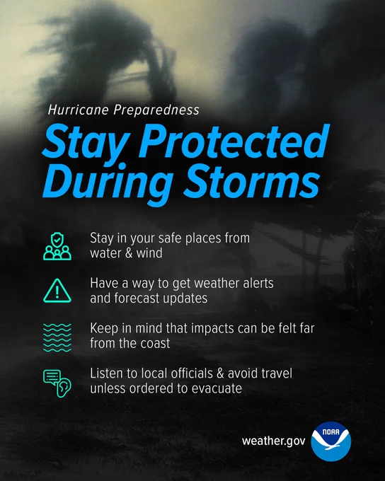 Hurricane Preparedness - Stay Protected During Storms. Stay in your safe places from water and wind. Have a way to get weather alerts and forecast updates. Keep in mind that impacts can be felt far from the coast. Listen to local officials and avoid travel unless ordered to evacuate.