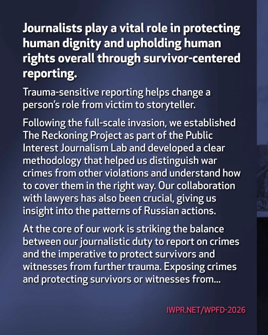 “A properly conducted interview can help transform a cloud of pain – a traumatic experience – into a structured narrative. It effectively changes a person’s role from victim to storyteller."
@ngumenyuk writes for IWPR on #WPFD.
#WPFD2026 #Ukraine 
