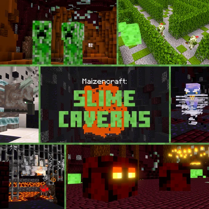 A poster collage for Maizencraft's Slime Caverns, featuring a variety of Minecraft mobs
