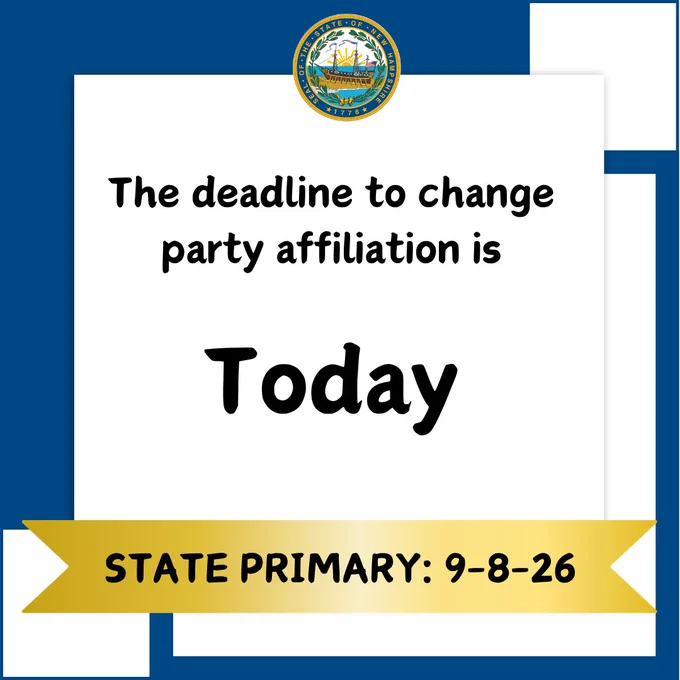 Blue and white graphic with NH state seal and web search bar with the voter information URL. The overlaying text reminds voters that the June 2 deadline to change party affiliation is today 