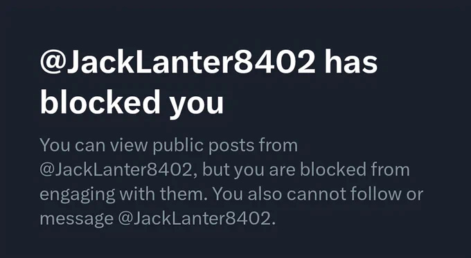 Screenshot of baby JackLanter8402 blocking me for pointing out several ways cops mistreated me as a teenager. 