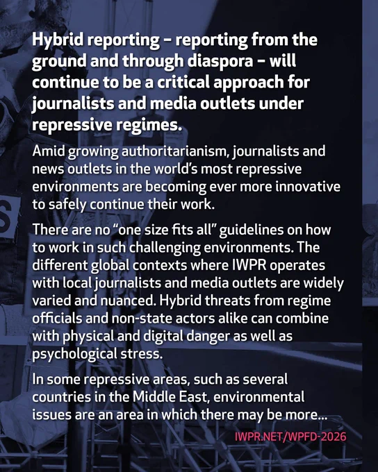 “Regardless of location and continuing authoritarian pressures, independent journalism continues to find a way to survive and even flourish."

IWPR's Nadia Samet-Warren and @DaniellaPeled write on #WPFD, with thanks to partners and contributors @jummar_media, The Libyan Center for Freedom of Press, @focostv and @openDemocracy!
#WPFD2026 #journalism 