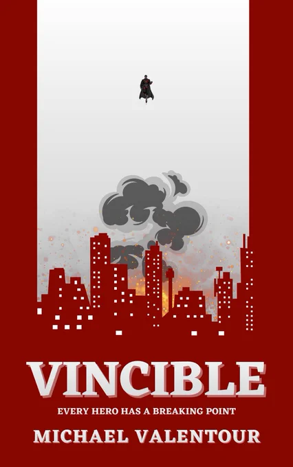 Silhouette of superhero floating over burning city. 