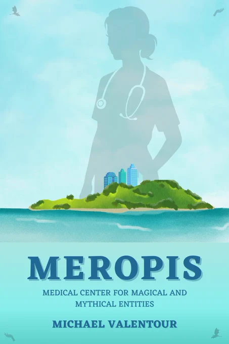 Silhouette of woman doctor behind an island with buildings. 