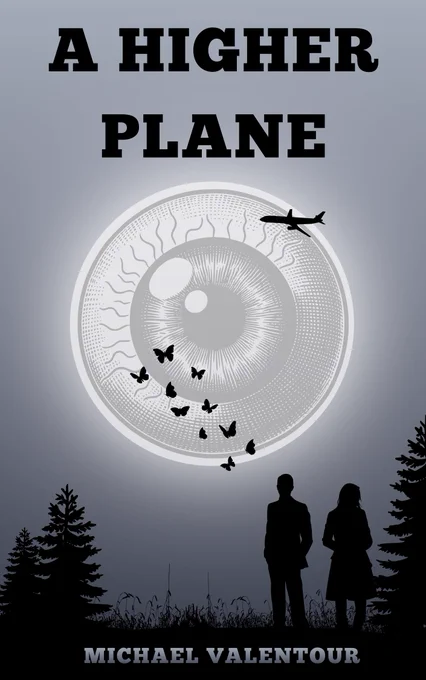 Silhouette of a man and woman in the forest at night with an eye/moon in the sky, airplane, and butterflies. 