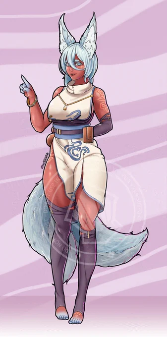 A dark skinned fox woman with two tails