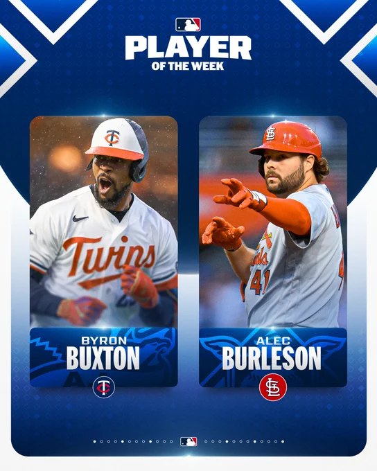 Players of the Week
AL: Byron Buxton, Minnesota Twins
NL: Alec Burleson, St. Louis Cardinals
Pictured: Left - Byron Buxton shouts in celebration. He wears a white Twins jersey with red and dark blue lettering and a red, white and dark blue batting helmet. Right - Alec Burleson motions with his hands. He wears a gray Cardinals jersey with red lettering and a red batting helmet.