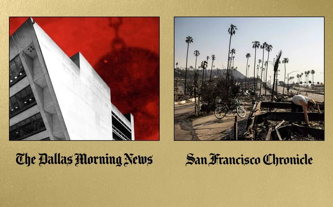 Dallas Morning News logo and San Francisco Chronicle logo with featured photography.