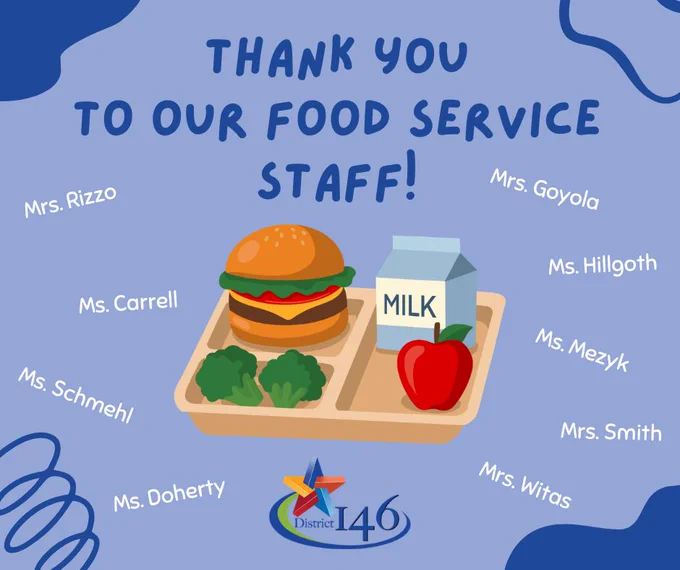A graphic that says "Thank you to our food service staff" with an image of a tray with food on it. Nine names are included along with the District 146 logo.