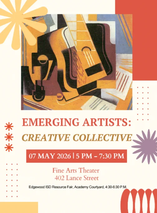 Come out and support Gus students! Emerging Artists: Creative Collective Art Show May 7, 2026 5 - 7:30 PM Edgewood Fine Arts Theatre 402 Lance Street We hope to see you there!