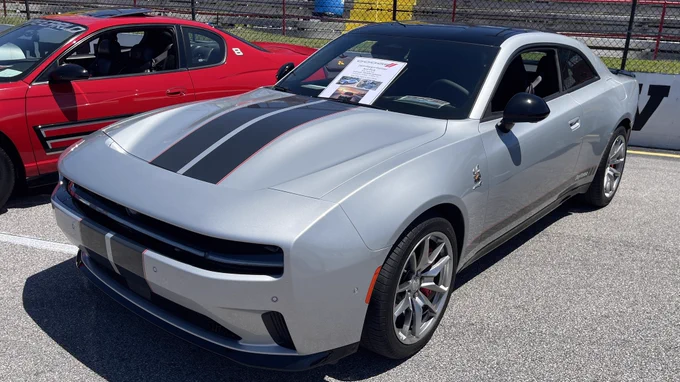 Sunday, May 3, 2026, Carteret County Speedway near Swansboro, NC. Rise of the River Moon 1st Annual Powwow & Car Show. Pictured is an all electric 2024 Dodge Charger Daytona Scat Pack with Track Pack in Triple Nickel silver.