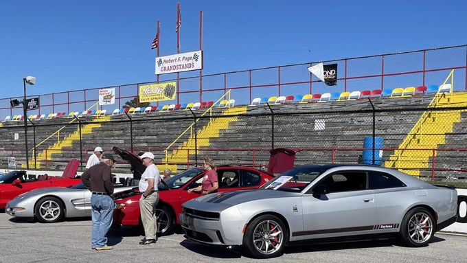 Sunday, May 3, 2026, Carteret County Speedway near Swansboro, NC. Rise of the River Moon 1st Annual Powwow & Car Show. Pictured is an all electric 2024 Dodge Charger Daytona Scat Pack with Track Pack in Triple Nickel silver.