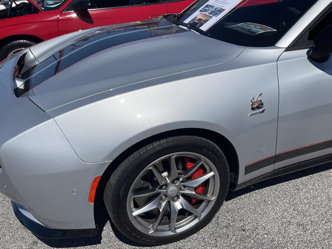 Sunday, May 3, 2026, Carteret County Speedway near Swansboro, NC. Rise of the River Moon 1st Annual Powwow & Car Show. Pictured is a portion of the track pack enhancements, 16 inch red Brembo brakes and staggered 20-inch wheels with 305/325mm tires.